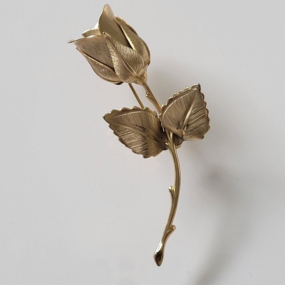 Vintage Signed Giovanni Brushed Gold Tone 3D Rose 3" Flower Brooch Pin 60's/70's